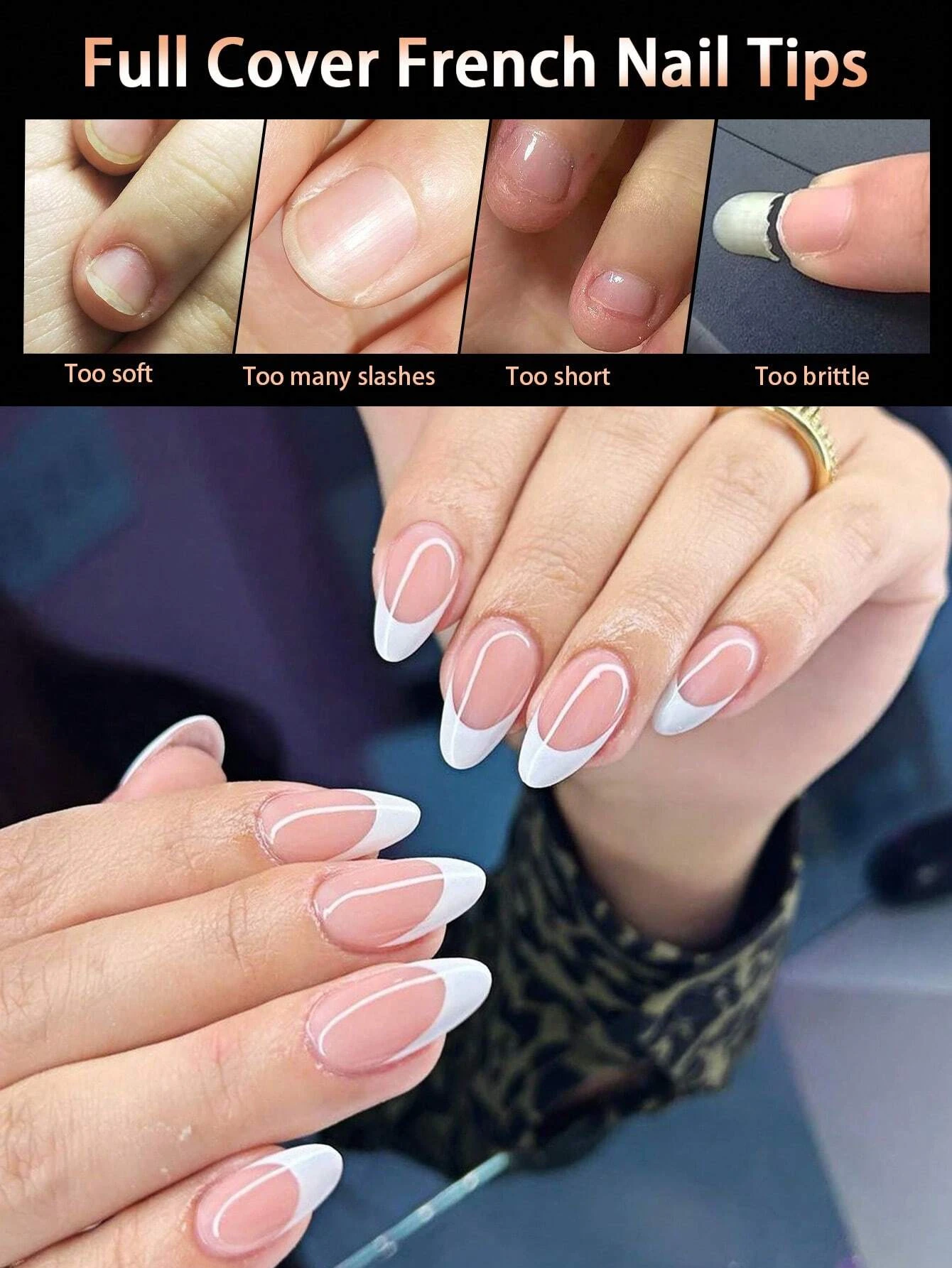 120Pcs Long Clear Almond  Nails Tips, Acrylic Nail Tips Fake Nails for Salons and DIY Nail Art with，White edge lengthening nail