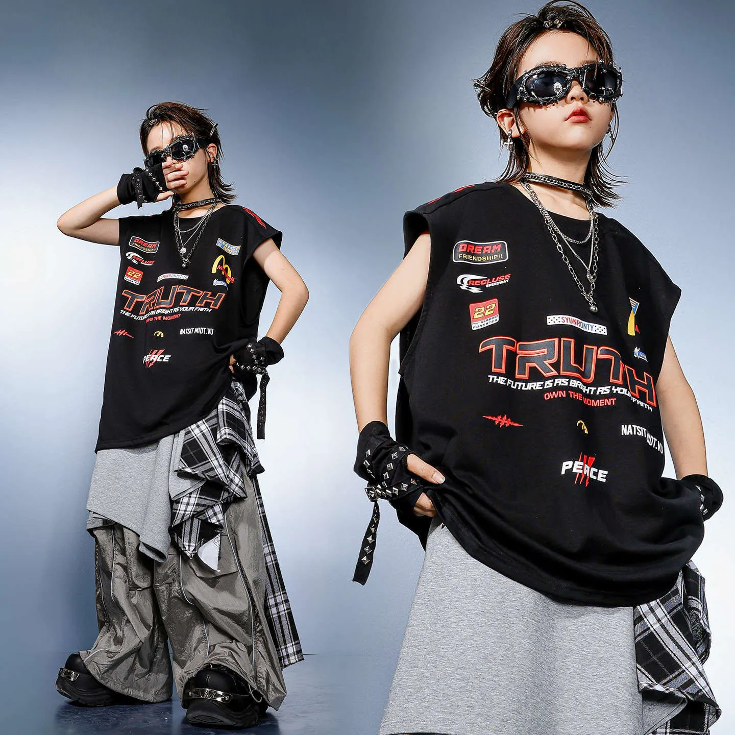 

Kid Kpop Hip Hop Clothing Black Long Motorcycle Tank Top Gray Casual Wide Leg Parachute Pants for Girl Boy Dance Costume Clothes