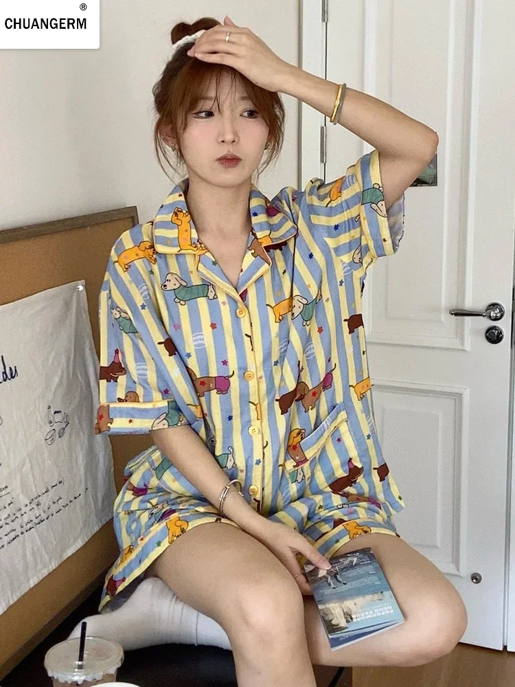 CHUANGERM Summer 2026 New Womens Pajamas Cute Dachshund Sausage Striped Short Sleeve Tops Shorts Sleepwear Fashion Cute Home