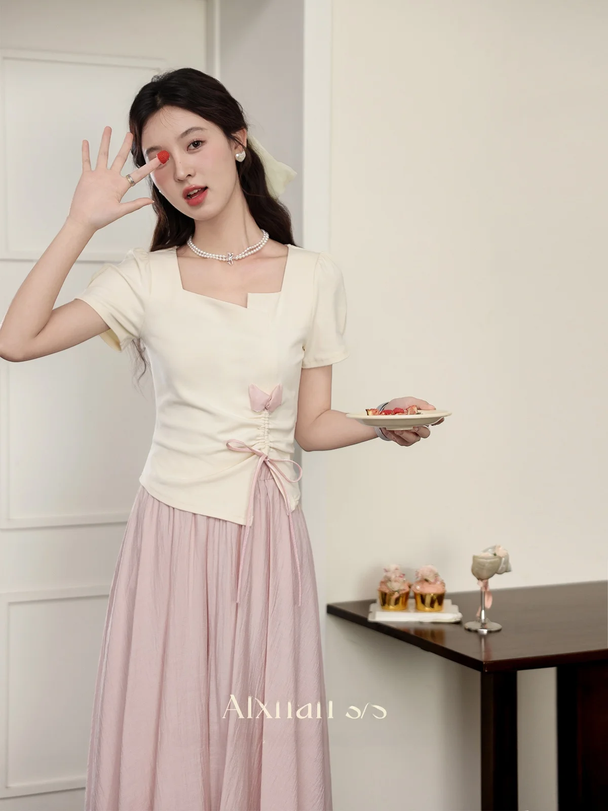 

Ele ort Sve Футболка с квадратным воротником Женская летняя дизайнерская футболка персикового цвета Sensation Casual Sle Faionable Top