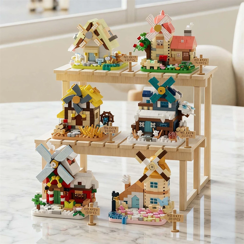 MOC 스트리트 뷰 마이크로 빌딩 블록 풍차 작은 집 DIY 홈 데스크 장식 조립 벽돌 장난감 어린이를위한