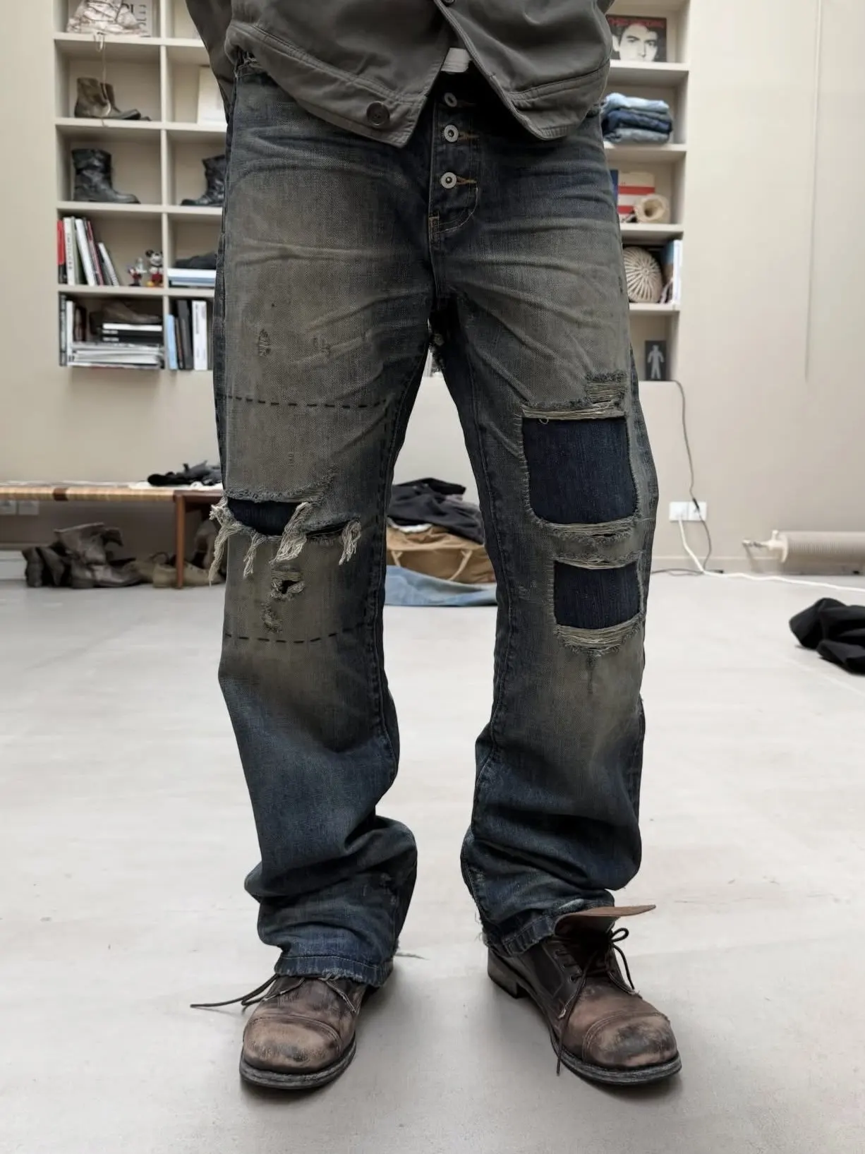 Dirty‑Wash Distressed Patchwork Selvedge Bootcut Jeans, Travis Scott Inspired Style