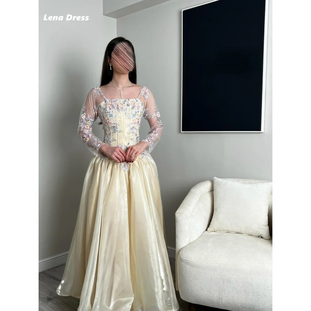 

Lena Square Collar Evening Dresses Woman Elegant Woman Dress Customized Long Sleeves Dresses for Luxury Party Flower Embroidery