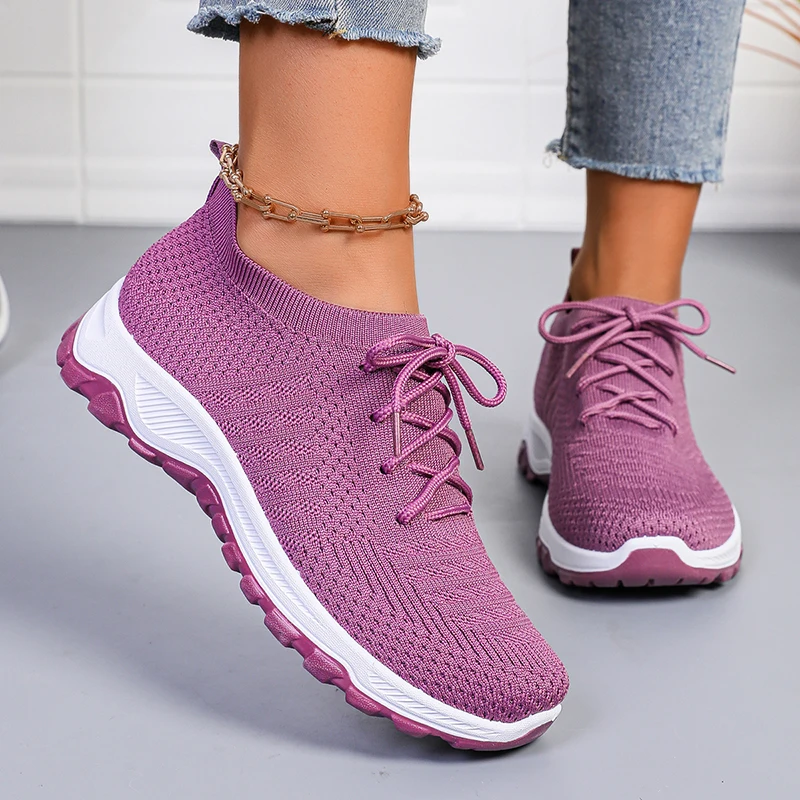 軽量通気性ニットスニーカー女性のための厚い底ノンスリップラン - Knit Fabric Lace Up Sneakers のレビューと価格