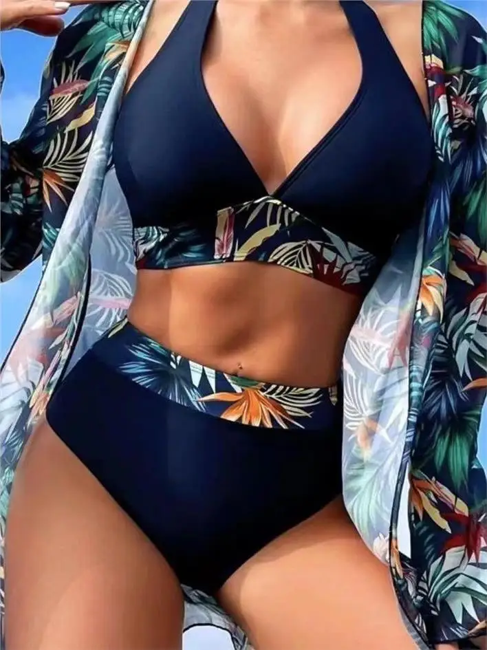 sexy-bikini-netting-sunscreen-three-piece-set-women's-clothing-cross-border-strapless-gathered-print-separate-swimsuit-cover
