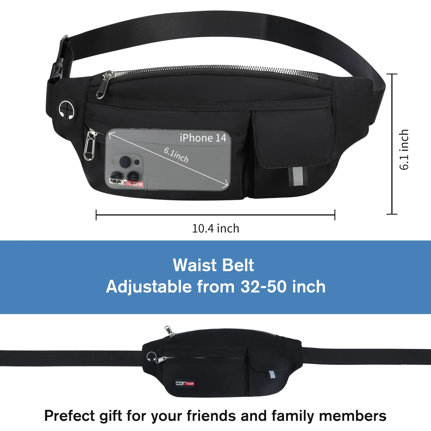 MAXTOP Large Crossbody Fanny Packs for Men Women Black Running Belt Bag Fashionable Waist Pack,Travel Money Belt Phone Holder fo