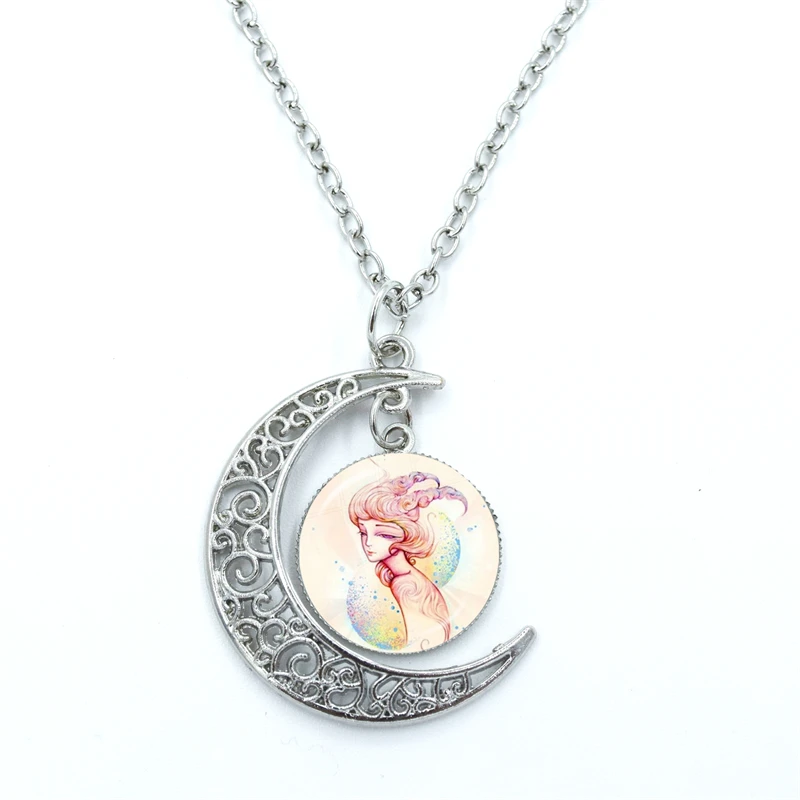 12 Constellation Scorpio Sagittarius Abstract Characters Pendant Glass Crescent Moon Necklace Jewelry Birthday Gift