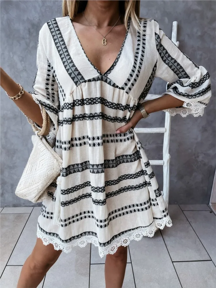 

Sexy V Neck Long Sleeve Dress Office Lady Spring Summer Fashion Elegant Casual Loose Lace Print Dresses For Women 2024 Female