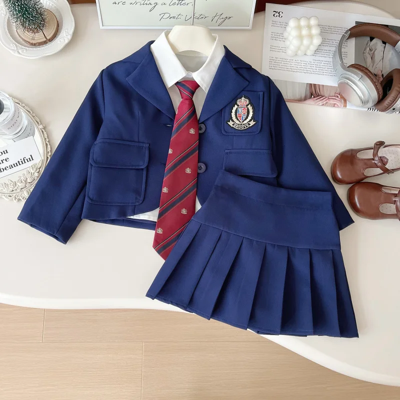 Girls' Autumn New Korean Version Japanese Style College Style Small Blazer Shirt Pleated Skirt Three-Piece Set