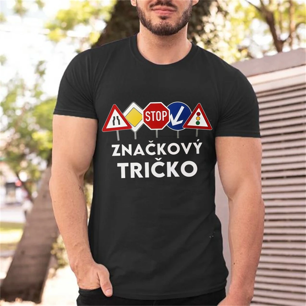 Men Traffic Signs Print Crewneck Short Sleeve T Shirt Summer Outdoor Sports Versatile Fashion Casual Top