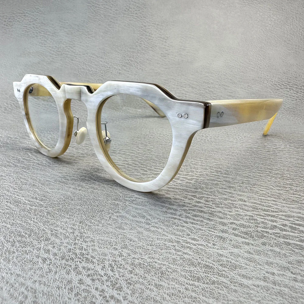 

Man' Glasses Frames Unique Optical Lenses Eyeglasses Polygon Vintage Retro Handmade White Horn Prescription Eyeglass Frames
