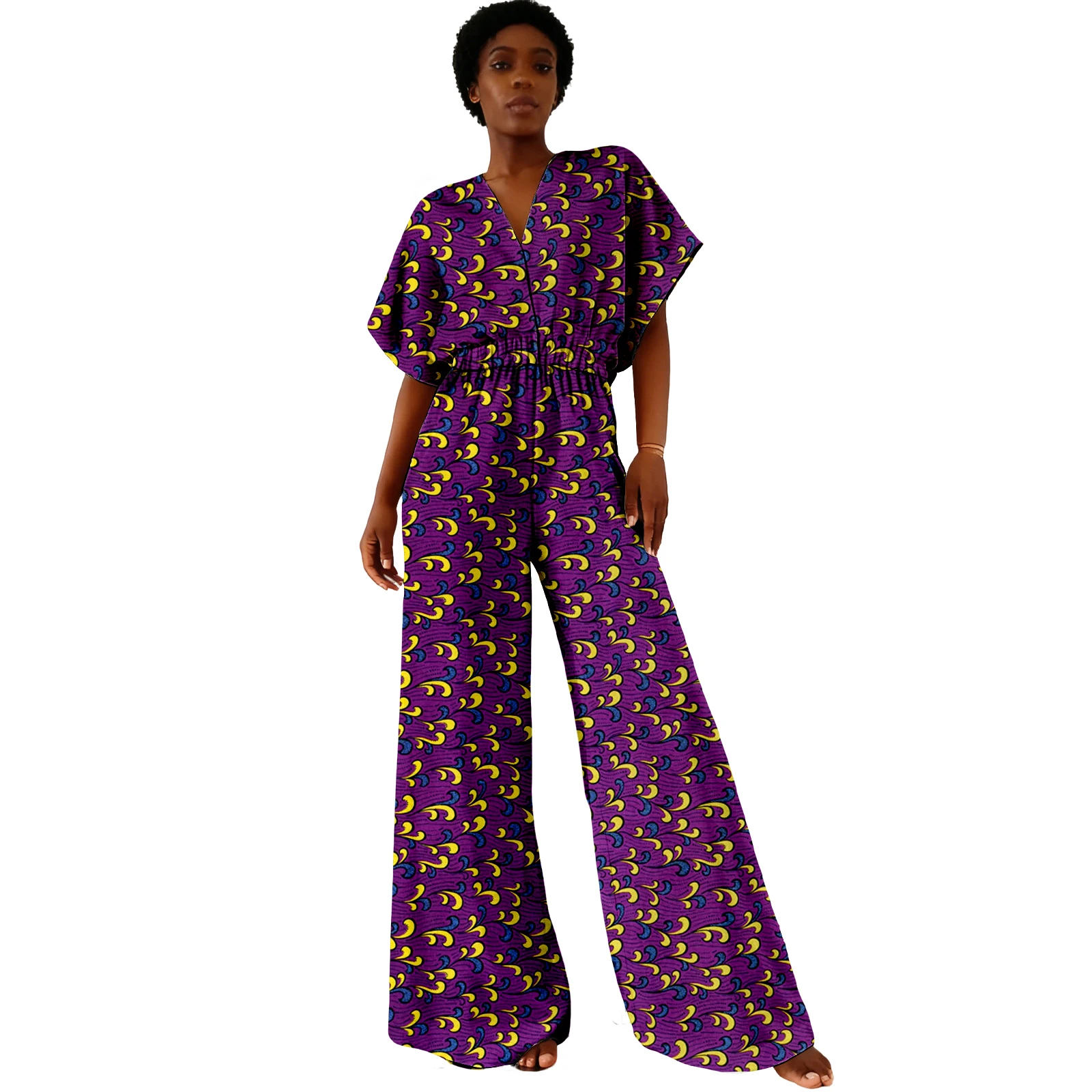 

SEA&ALP женский комбинезон с африканским принтом Анкара с V-образным вырезом и рукавами «летучая мышь» с широкими штанинами для повседневной праздничной одежды