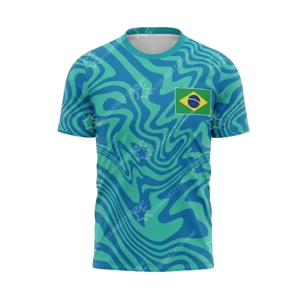 Brazil Style Wavy Pattern Football T‑Shirt Blue‑Green Tone Short Sleeve Quick‑Dry Sports Gym Training Tops Unisex Men Kids