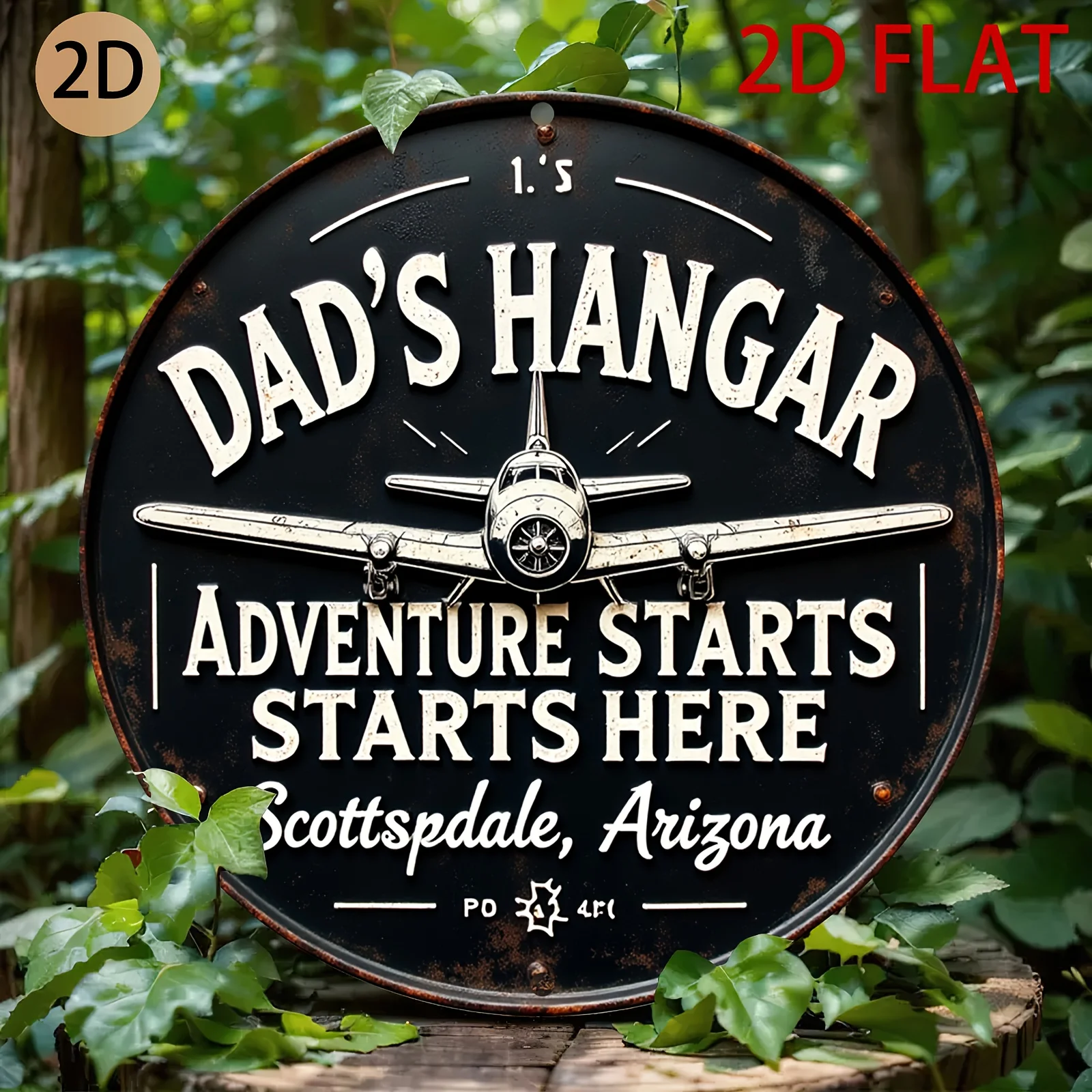 2D plane Circular metal sign vintage aircraft themed design dad related hangar art adventure inspired decoration suitable for ho