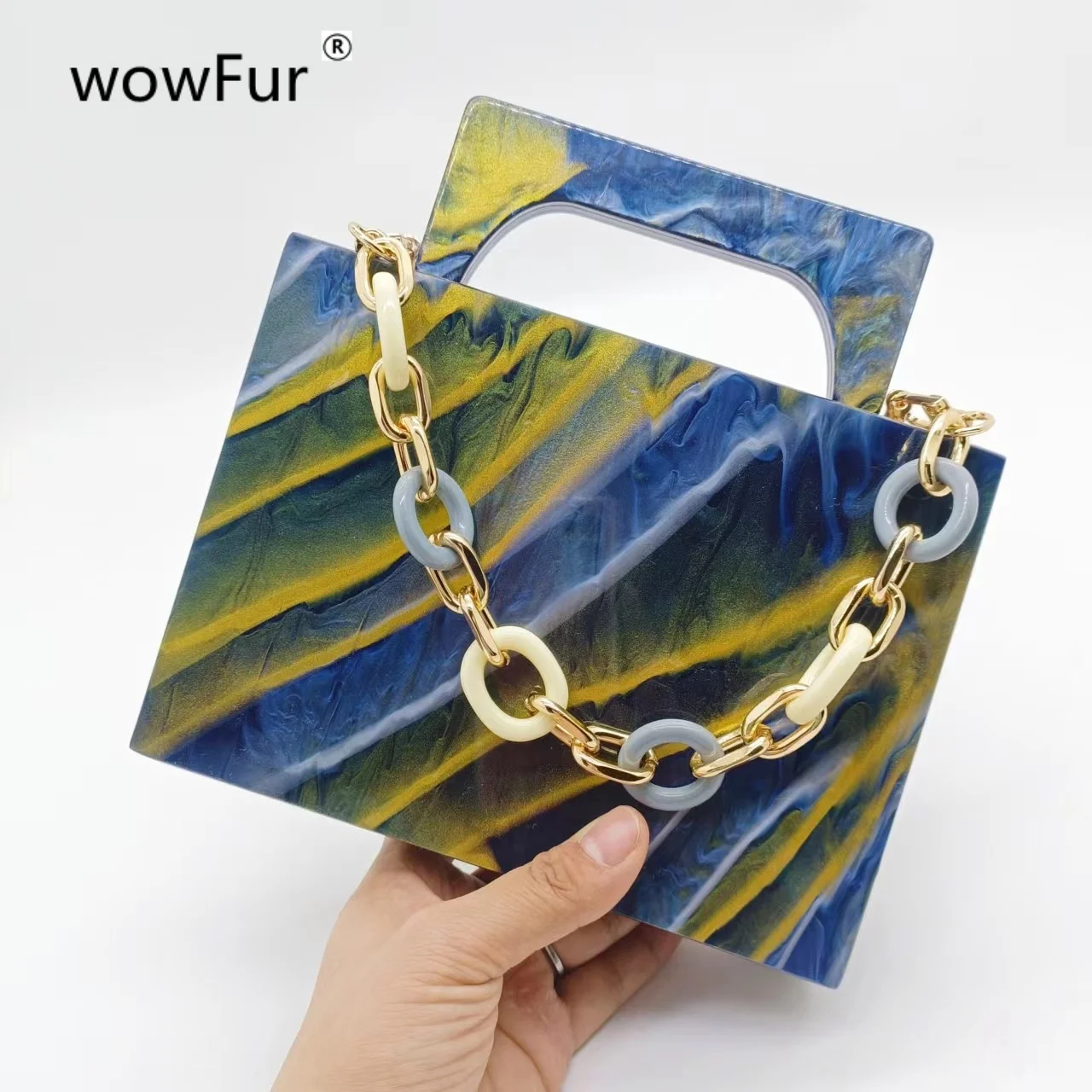 Multicolored Women Marble Blue Acrylic Box Clutch Purse Evening Bags Wedding Party Bridal Handbags Minaudiere Top Handle Flap