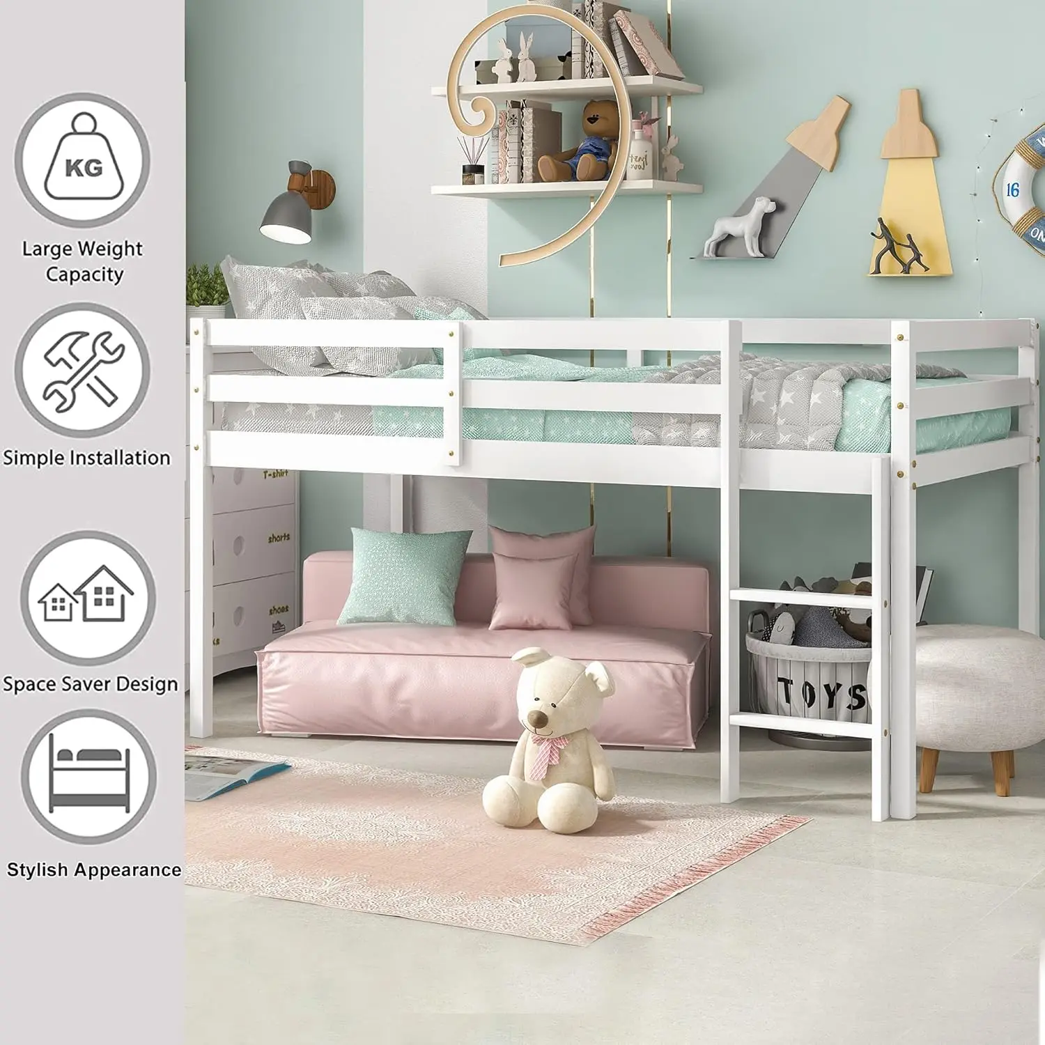 Cama para niños con escaleras y rieles de protección, madera maciza y Marco de cama de Loft bajo resistente para niños y niñas, sin resorte de caja