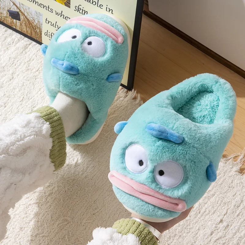 Sanrio Hanton Autumn and Winter Ladies Plush Warm High Top Cotton Slippers Ugly Fish Cute Indoor Home Fleece Slippers Bag Heel