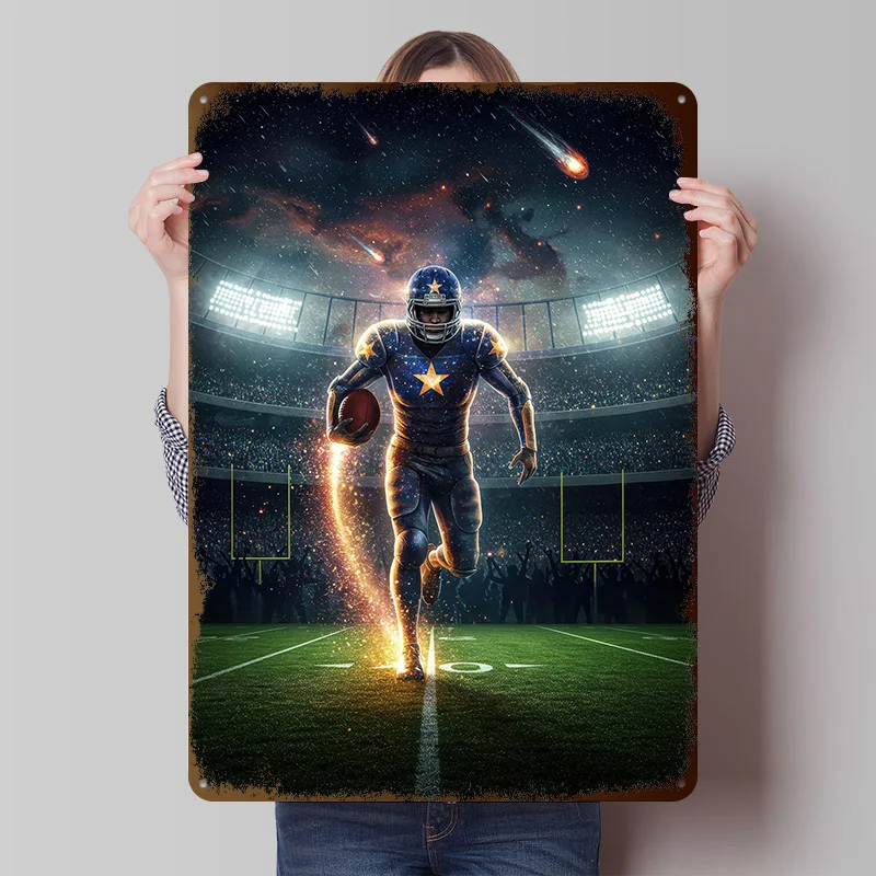 Cosmic Football Player in Stadium Printed Poster Customized Wall Art Retro Vintage Metal Tin Signs for Room Mancave Decoration