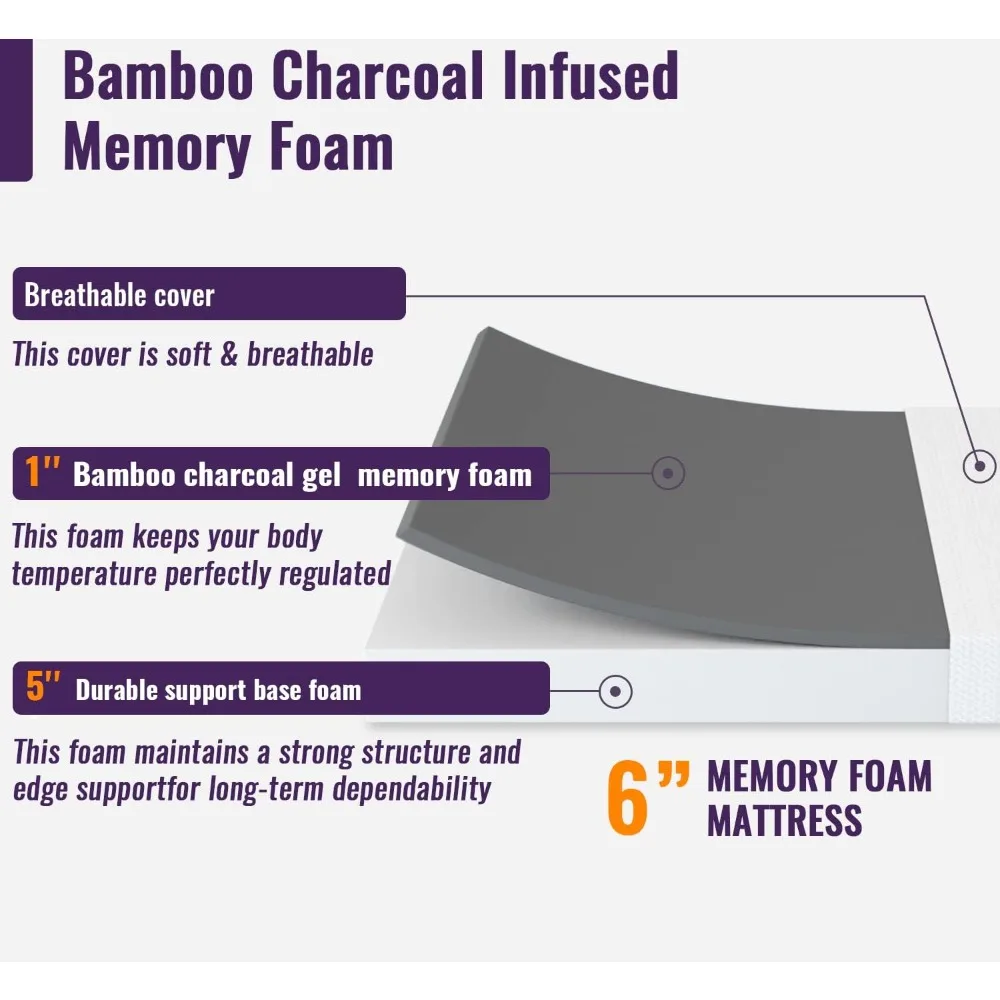 Матрас, 6-дюймовый матрас из пены с эффектом памяти, Полноразмерный Матрас с бамбуковым углем, матрас средней твердости, матрас