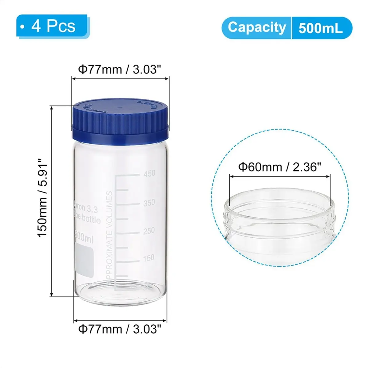 4 Pack Reagent Media Storage Bottles, 500ml Borosilicate Glass Wide Mouth Graduated Round Bottles with GL32 Screw Cap-A14I