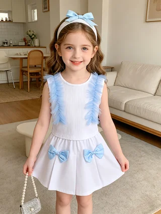 Two‑Piece Outfit for Girls with Blue‑and‑White Bows, Mesh Flutter‑Sleeve Sleeveless Top & Pleated Skirt, Summer Set for Little G