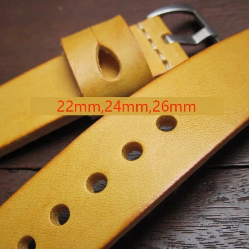 

22mm 24mm 26mm Handmade Thick Retro Italian Cowhide Genuine Leather Watch Band Belt Bracelet Yellow Watchband Strap Accessories