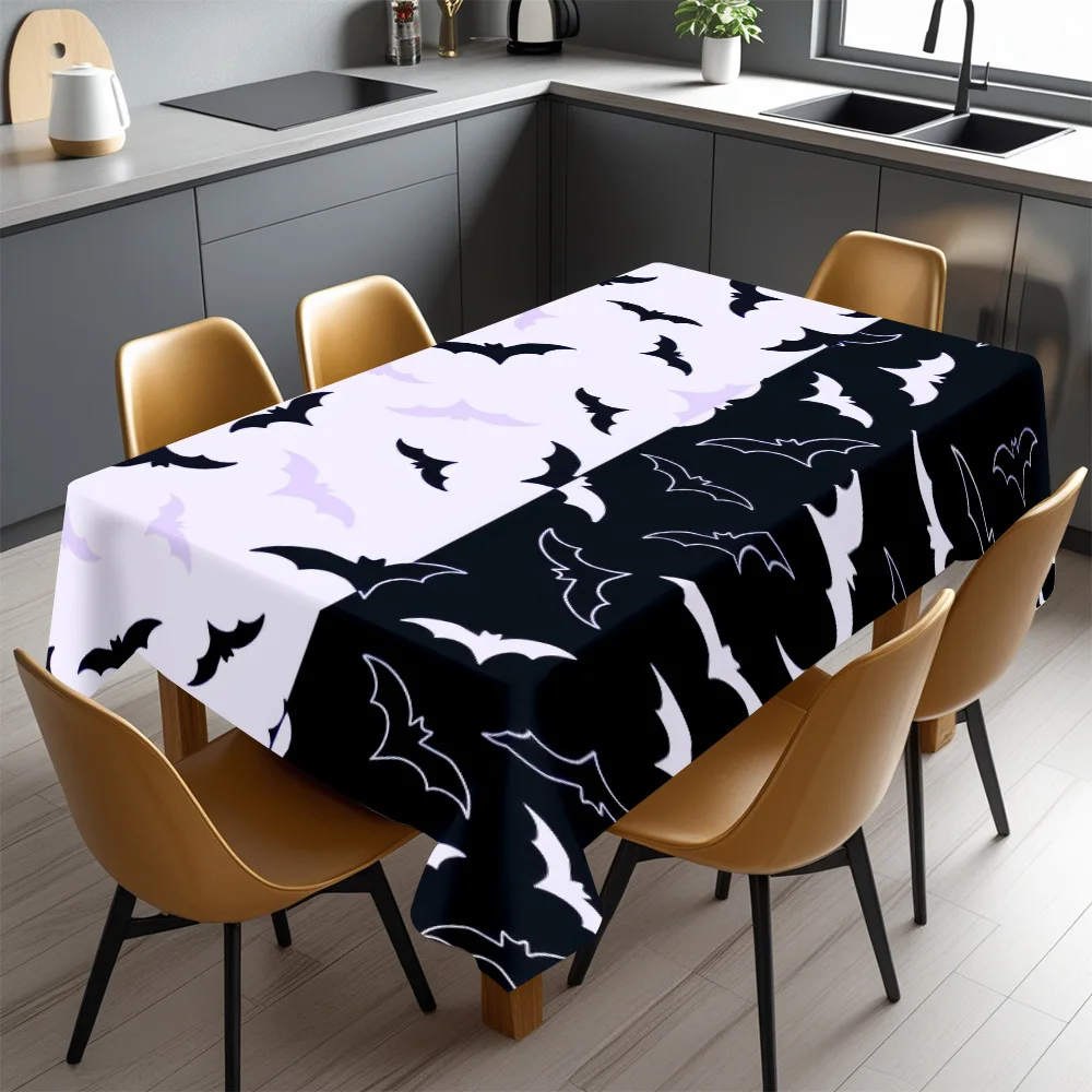 Halloween Rectangular Table Cloth Black White Contrast Bat Print Table Cover Gothic Dining Room Decor Halloween Party Decoration