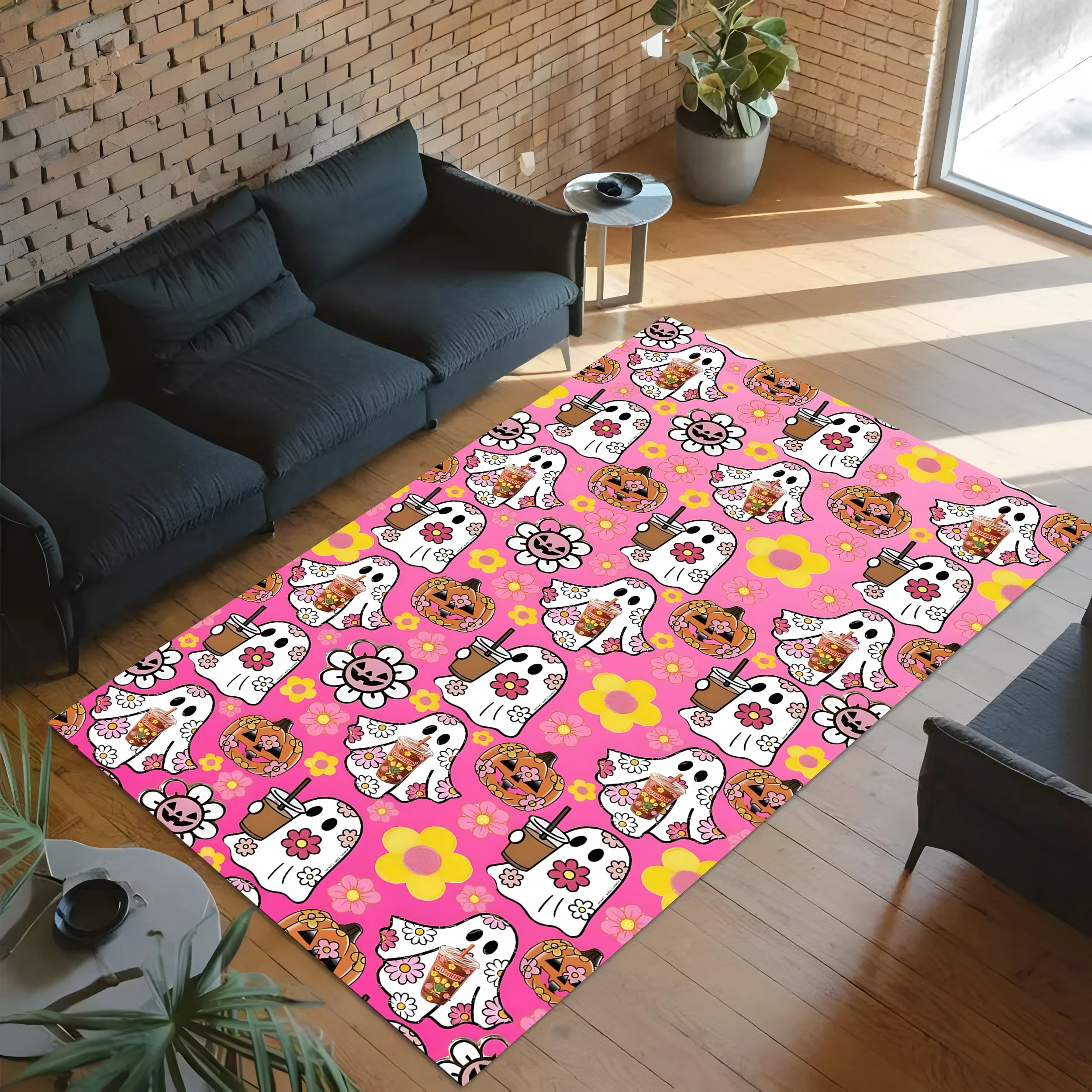 2D Large Carpet Ghost Pumpkin Flower Print Sweet Cool Y2K Style Bright Eye Catching Halloween Fun Atmosphere