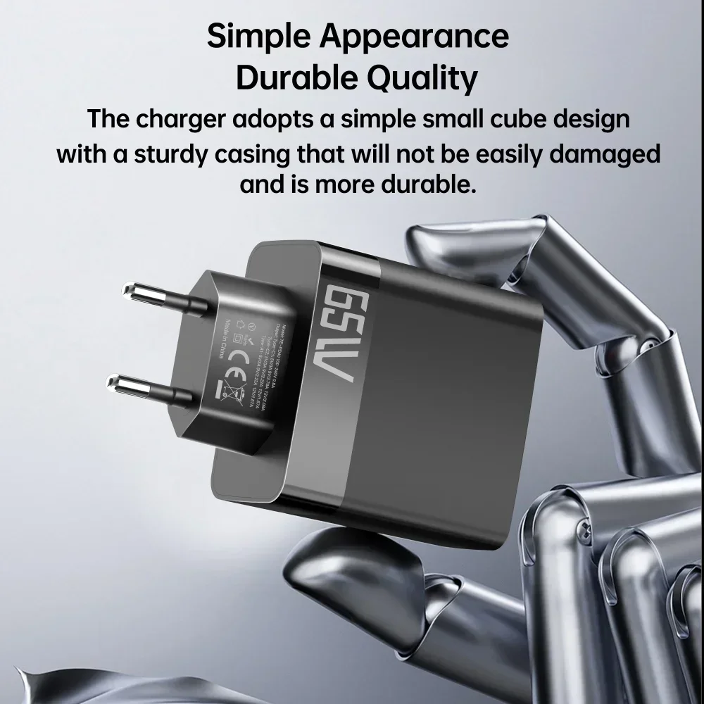 65W 3-Port USB C Fast Charger, PD+QC 3.0 Wall Charger Adapter with LED, EU/US/UK Plug for iPhone 15 Samsung Xiaomi Huawei