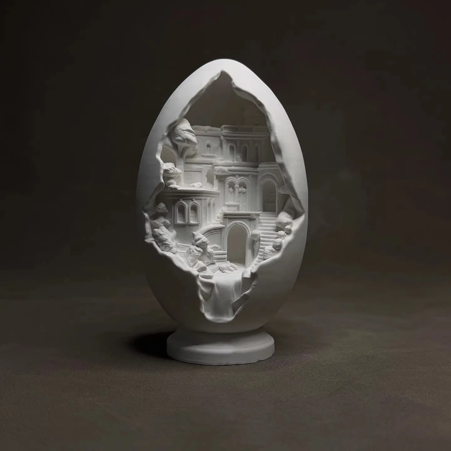 Egg Shaped Architecture Sculpture White Plaster Figurine Home Decor Desktop Ornament Creative Craft Gift for Easter