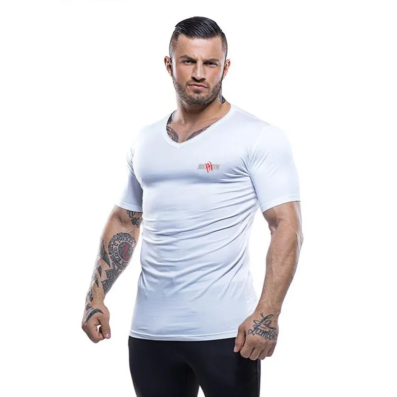 Men Casual Fashion V-neck TOPS Cotton Breathable Short Sleeve T-Shirt Gym Bodybuilding Fitness Training Slim Fit Shirts