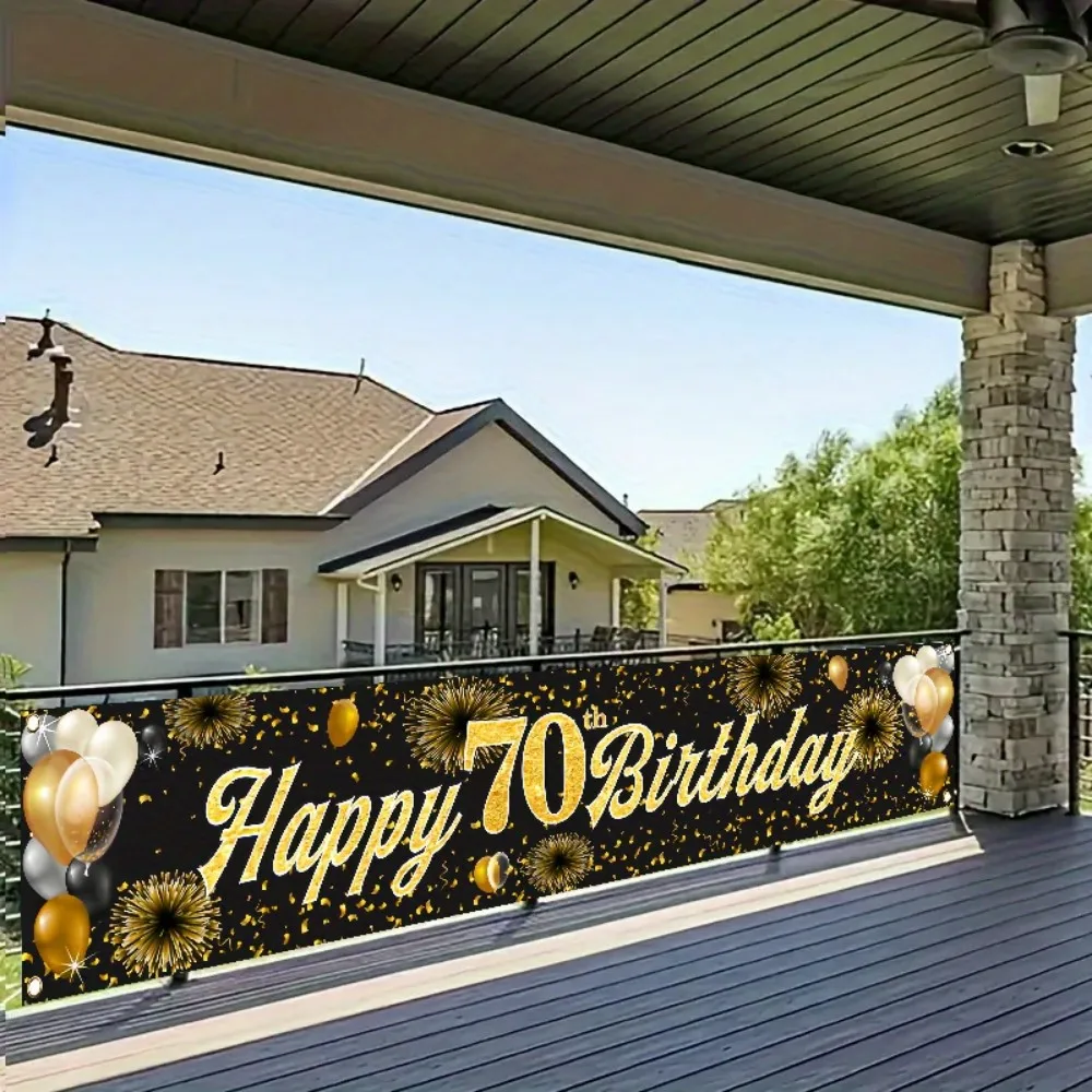 2D-Flachbanner zum 70. Geburtstag – schwarzer Glitzer-Text, Gedenkdekoration zum 70. Jahrestag, langlebige Partyflagge, geeignet für – Detail 4