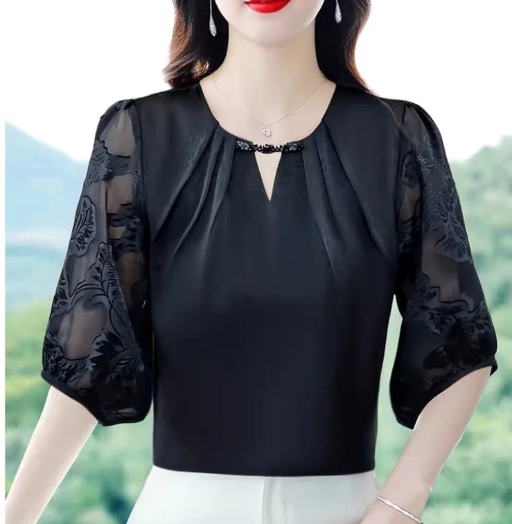 Elegant Korean Popular Clothes Chiffon Shirt Seven Sleeve Minimally Designed Commuter Jacquard O-Neck Women's Loose Shirt Top