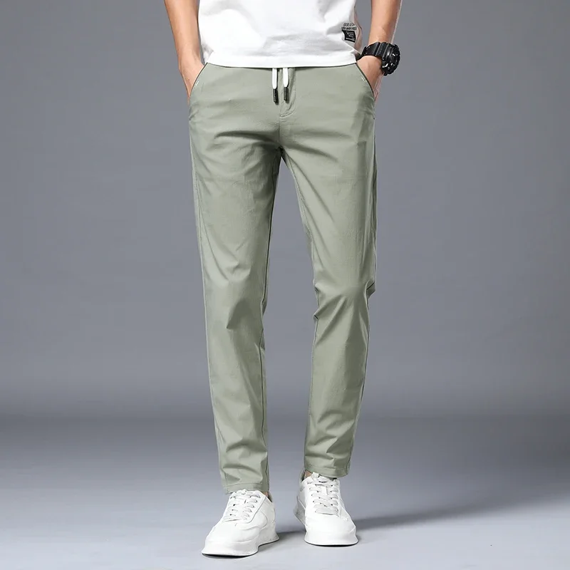 Pantalones informales de pierna recta para hombre, pantalones de negocios delgados con cordón, pantalones clásicos de algodón de Color sólido, Verano