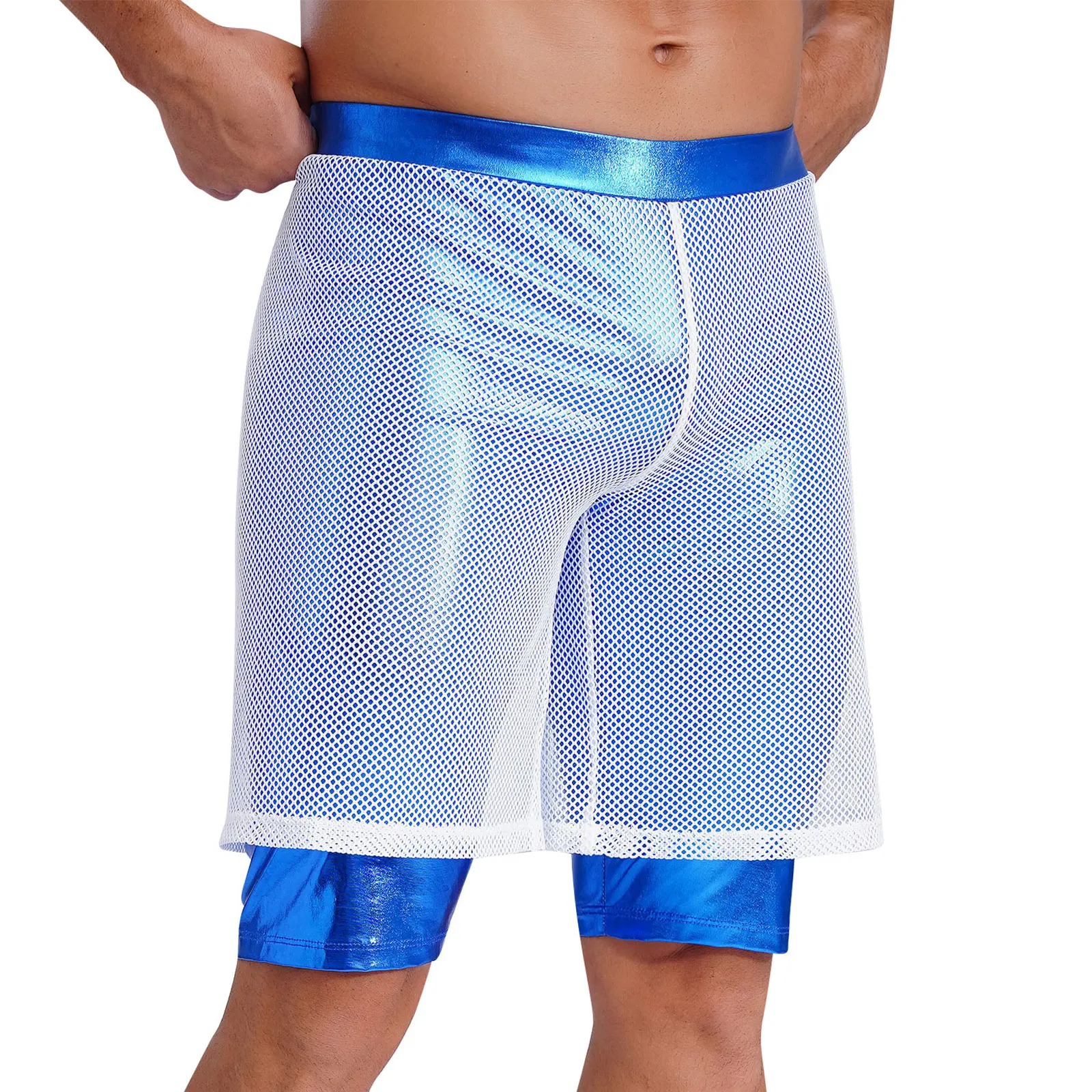 Swimwear Mens Metallic Shiny Lining Boxer Shorts Workout Athletic Shorts Elastic Waistband Sheer Mesh Beach Swimming Trunks