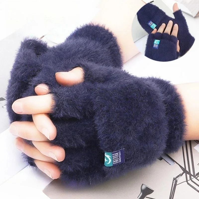 Fluffy Plush Fingerless Gloves Students Write Type Women Mink Soft Winter Warm Half Fingers Gloves Girls Knitted Mittens