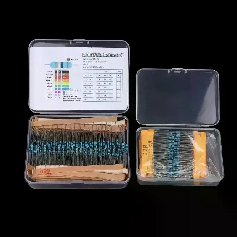 300/600PCS 1/4W Metallschichtwiderstandssatz 1% 0,25W Widerstände Kit 10Ω~1MΩ Farbiger Ringwiderstand Elektronisches Kit