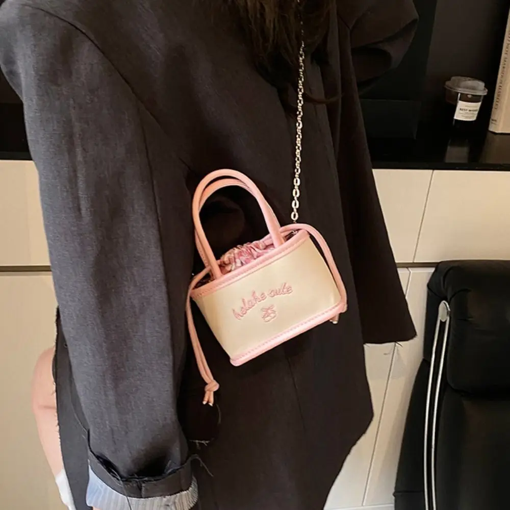 

Korean Style Drawstring Bucket Bag Embroidery PU Leather PU Crossbody Bag Tote Bag Niche Design Children Shoulder Bag