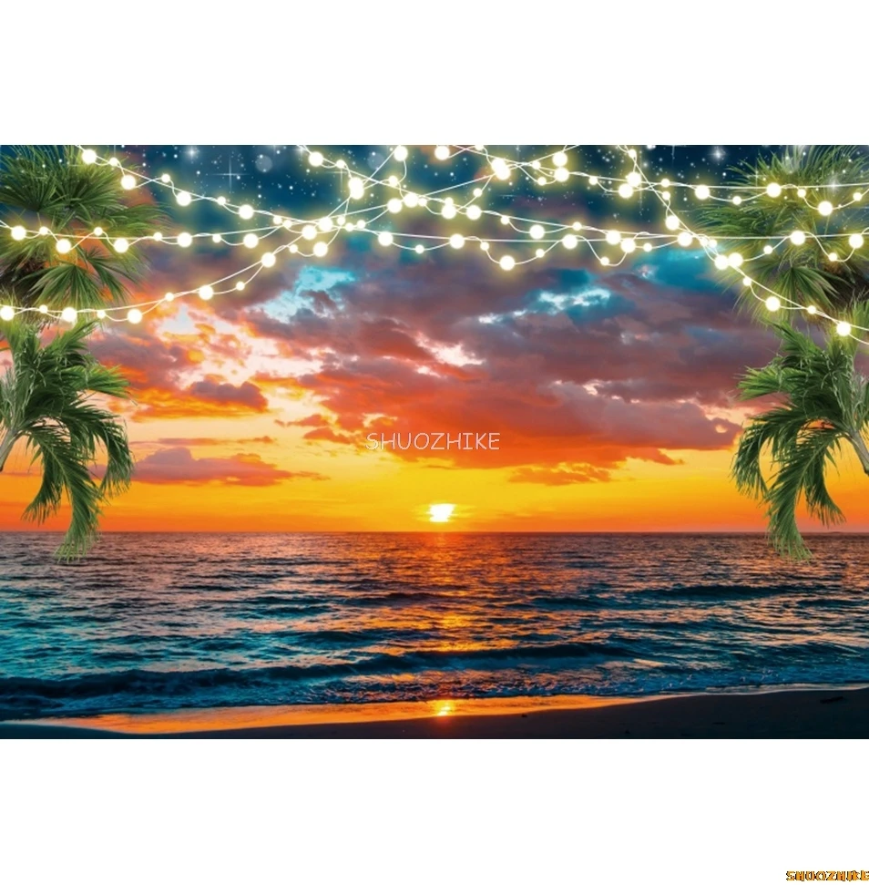 Fondo de playa de verano, mar, océano, hojas de palmera, Aloha, fiesta en la playa, cumpleaños, vacaciones, retrato, fotografía, fondo, decoración, utilería