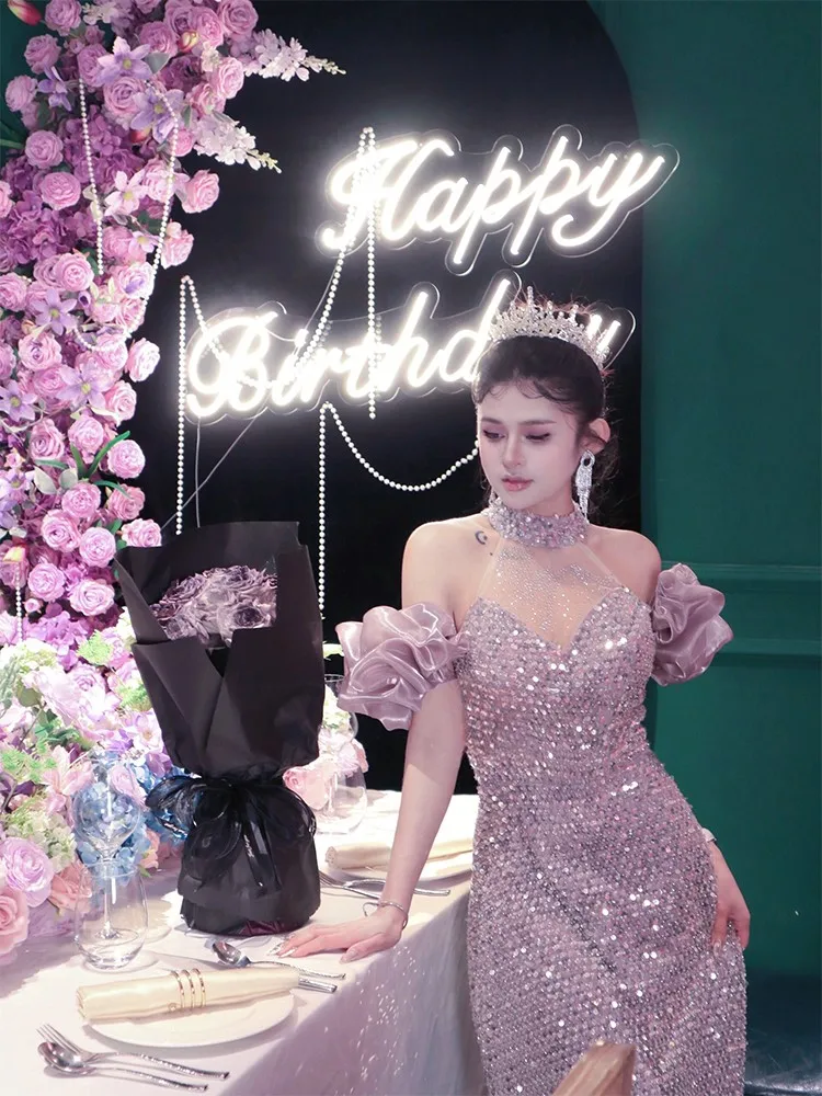 

Toasting wear light luxury minority coming-of-age ceremony banquet heavy sequin neck fishtail dress