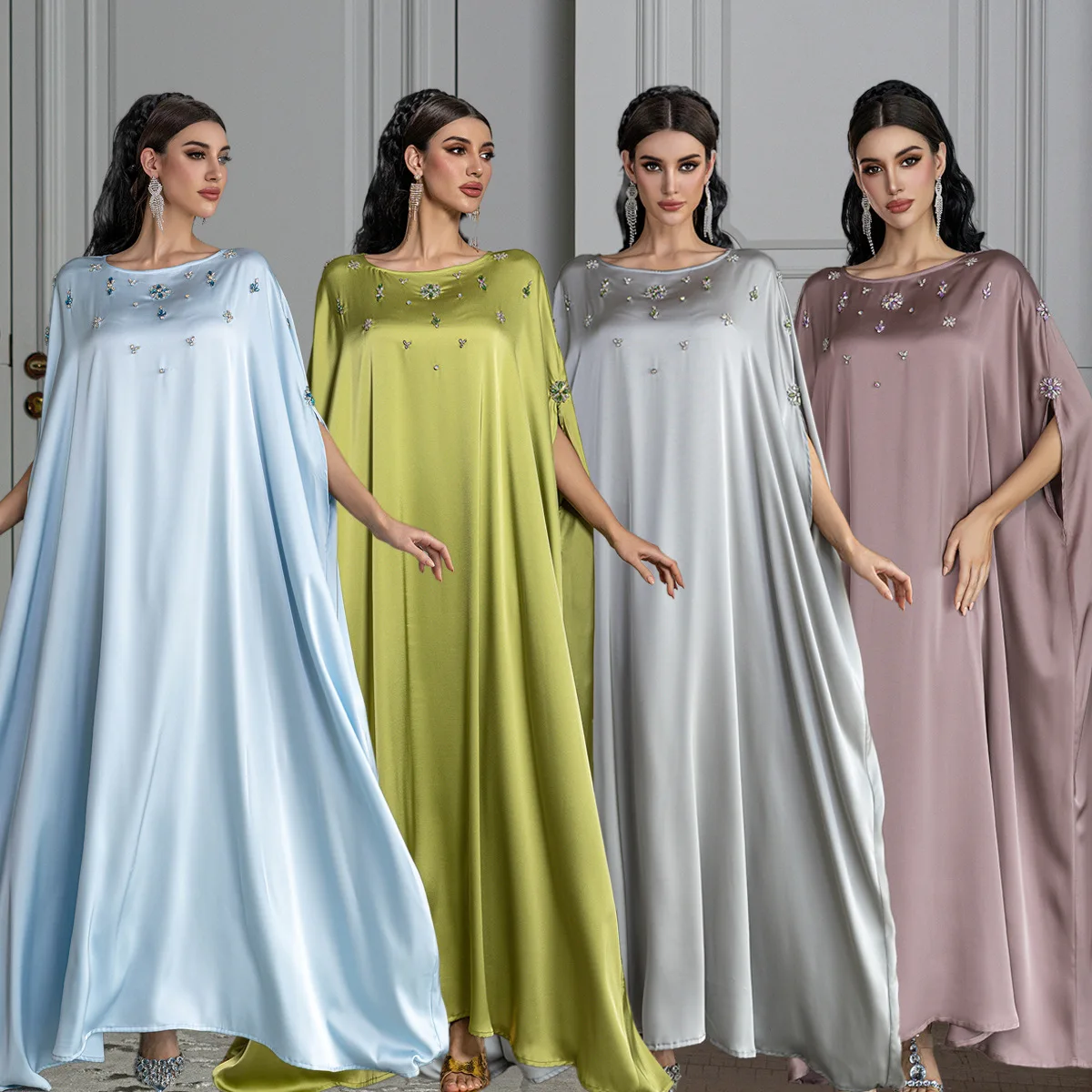 Dress Women Eid Party Abaya Diamonds Dresses Muslim Batwing Sleeve Kaftan Jalabiya Vestidos Ramadan Morocco Dubai Arab Long Robe