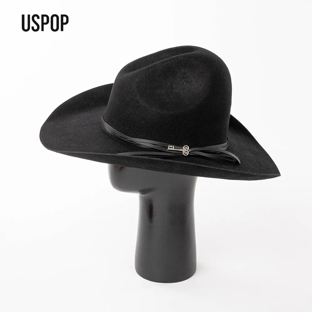 

USPOP Fashion Casual Wool Cowboy Hat with Leather Strap Wide Brim Floppy Fedora Outdoor Warm Wool Felt Hat