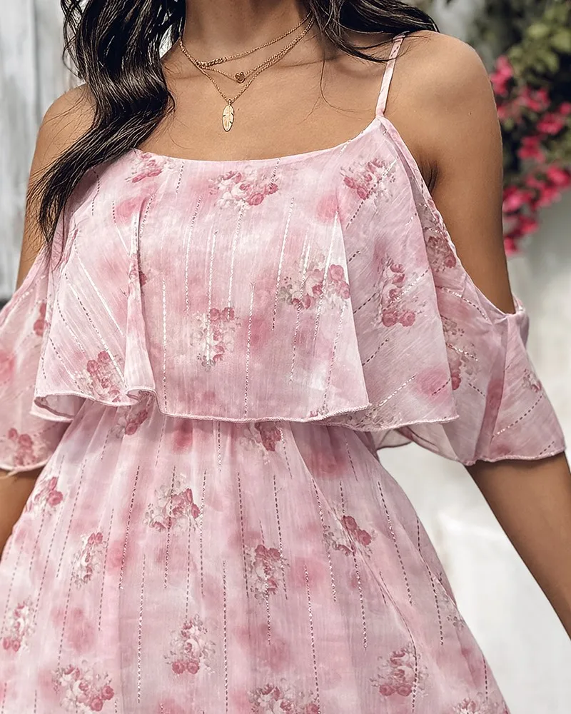 Vestido feminino de verão elegante estampa floral ombro frio alça espaguete babados vestido em camadas vestido doce