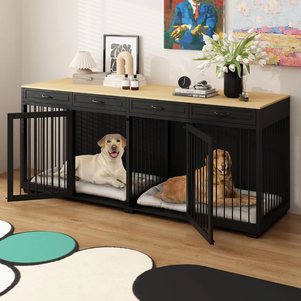 

92.9" Large Double Dog Crate Furniture, XXXL Wooden Dog Crate Kennel Furniture with Divider and 4 Drawers, Dog Crates Furniture