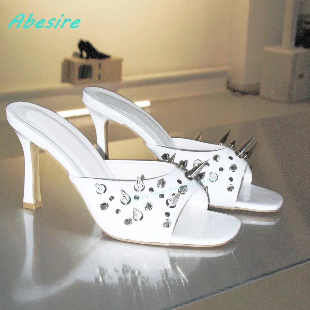 

Punk Rivet Patchwork Square Toe Slippers Peep Toe Thin Heels Shallow Slip On Shoes for Women Y2K Goth Summer Spicy Girls Shoes