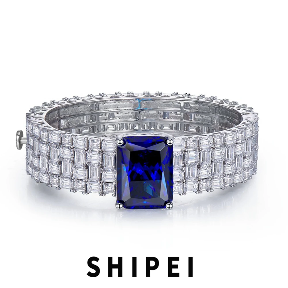 

SHIPEI Luxury Solid 925 Sterling Silver 15*20 MM Sapphire White Sapphire Gemstone Fine Jewelry Charm Bracelets Bangle Wholesale