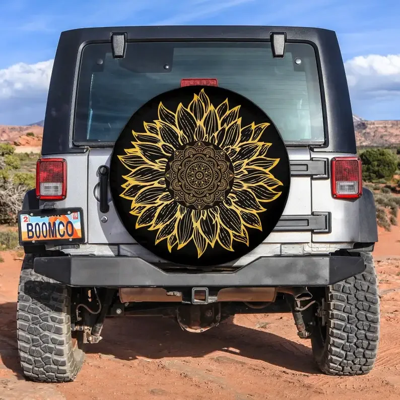 Sunflower Tire Cover Mandala Spare Tire Cover Vintage With or Without Camera Hole Tire Cover For RV Camper Bronco Any Vehicle