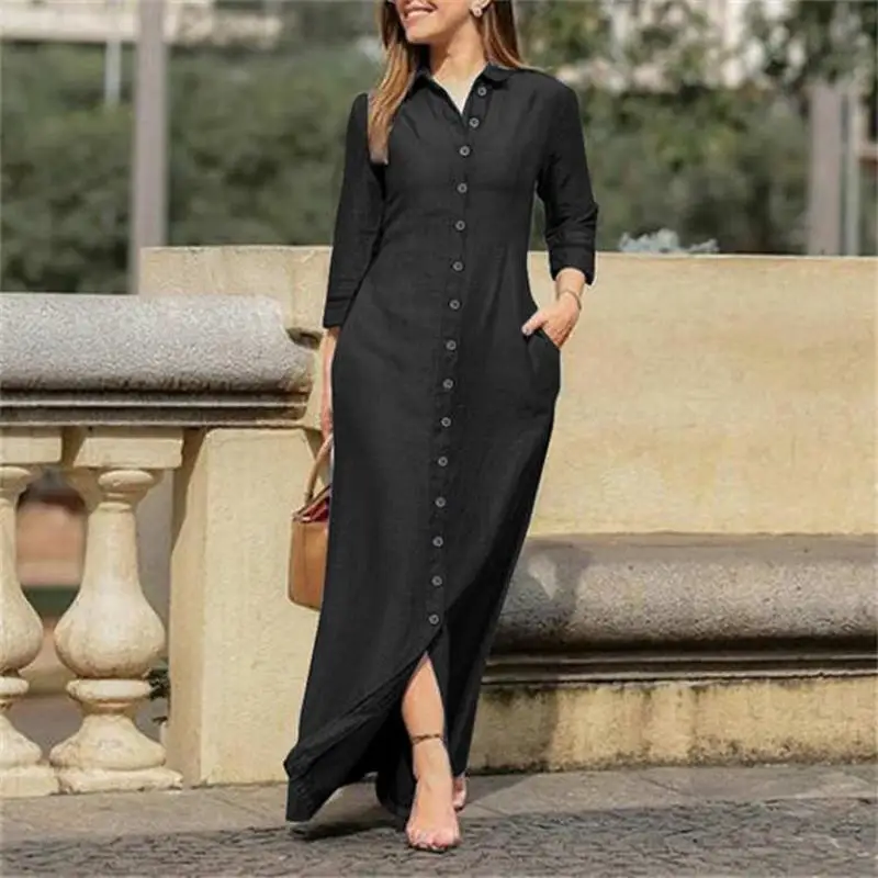 Langes Maxi-Kleid für Damen in Übergröße für den Winter und Herbst, modisches, lässiges Baumwollkleid mit V-Ne und No Sve Ele-Design