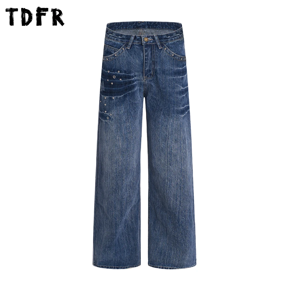 

Rhinestone Jeans Mens with Rivets Retro Casual Straight Washed Distressed Pocket Denim Pants Man