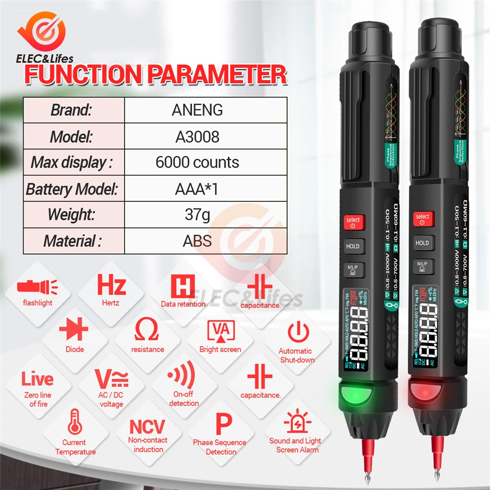 Auto ac dc Tensão Instant Testers Pen tipo Multímetro Ferramentas Detector Medidor True Rms A3008 Detecções